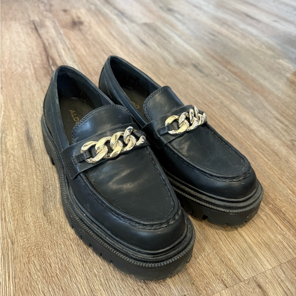 SOLD Black Chunky Aldo Leather Loafers with Chain Detail